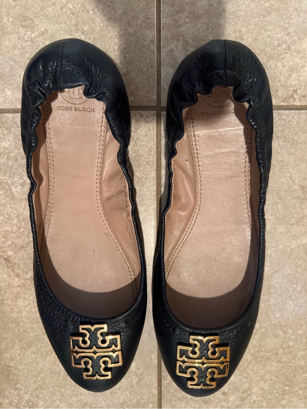 Tory Burch navy Leather Reva Ballet Flats with Gold Logo
